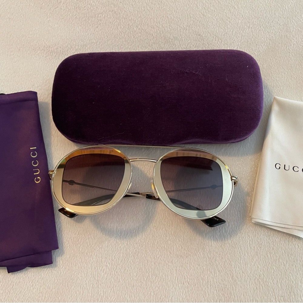Gucci Gold GG0105S Gradient Round Sunglasses New